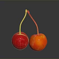 Red and Orange Fresh Cherries with Green Stems on Dark Reflective Surface 3d model