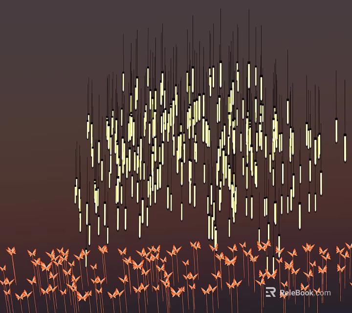 Modern Garden Landscape with Hanging Slender Light Strips Installation and Orange Plants Under Dark Sky 3d model 