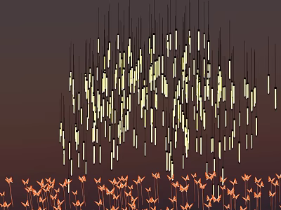 Modern Garden Landscape with Hanging Slender Light Strips Installation and Orange Plants Under Dark Sky 3d model