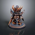 Game Movie Character Chibi Style In Black And Gold Armor Holding Weapon With Winged Decorations