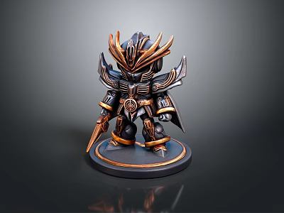 Game Movie Character Chibi Style In Black And Gold Armor Holding Weapon With Winged Decorations 3d model