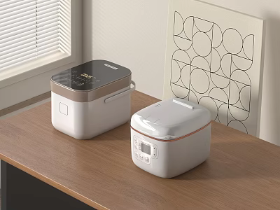 Stylish Kitchen Appliances Modern Rice Cookers in Black and White Design on Wooden Countertop 3d model