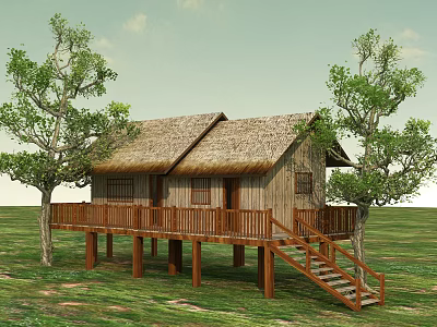Rural Thatched House with Wooden Deck Staircase and Trees on Grassland 3d model