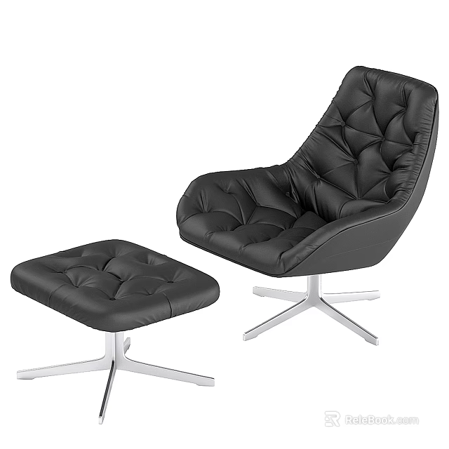 Black Leather Tufted Armchair With Modern Design And Matching Ottoman On Metal Base 3d model 
