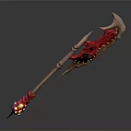 Red and Gold Ornate Weapon With Long Handle Scythe Blade and Gemstone Accents