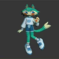 Anime Cat Creature Character With Green Fur Orange Eyes White Top Blue Shorts