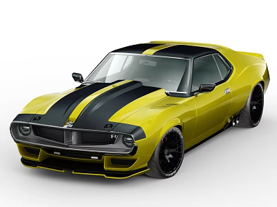 Yellow Classic Muscle Car with Black Stripes and Sleek Exterior Design 3d model