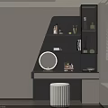 Modern Dressing Table With Black Shelves Round Mirror Cosmetics And White Stool 3d model