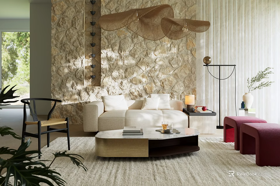 Modern Beige Fabric Sofa And Marble Coffee Table Combination For Cozy Natural Living Room Decor 3d model 