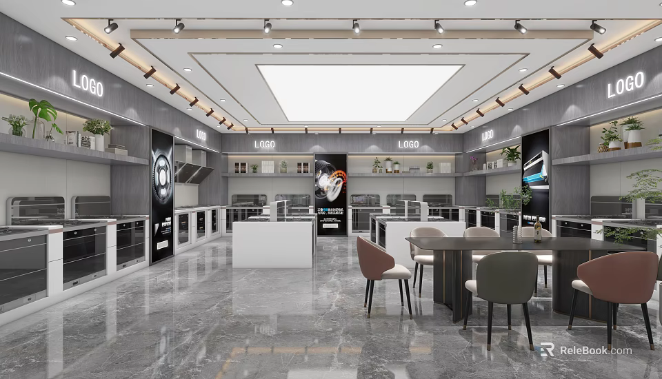 Modern Kitchen Appliances Store Interior With Display Cabinets Tables Chairs Marble Floor And Lighting 3d model 