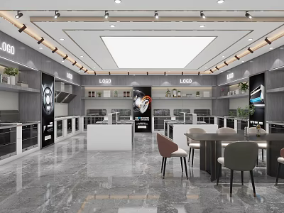 Modern Kitchen Appliances Store Interior With Display Cabinets Tables Chairs Marble Floor And Lighting 3d model