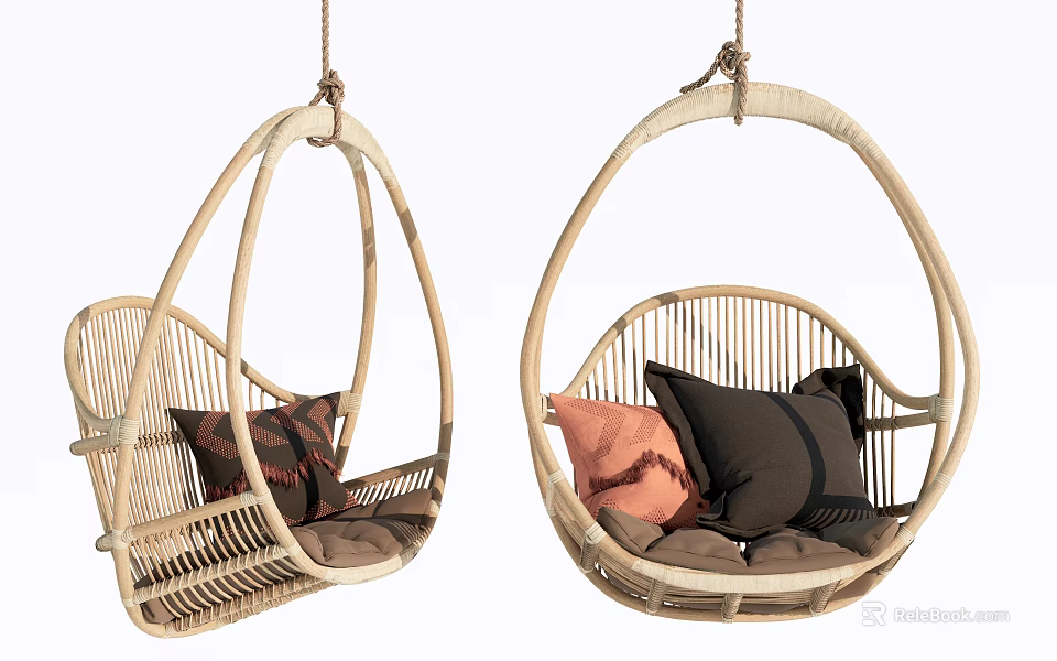 Outdoor Hanging Rattan Chair with Soft Cushions Stylish Design for Garden Patio Use 3d model 