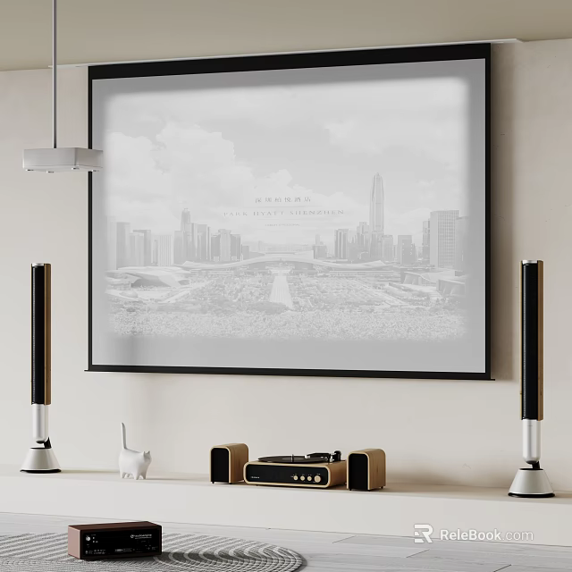 High Definition Projection Monitoring Displaying Cityscape On Screen With Indoor Speakers 3d model 