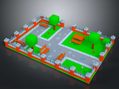 3D Model of Small Courtyard With Orange Fence Green Trees Benches and Lawn Path 3d model