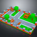 3D Model of Small Courtyard With Orange Fence Green Trees Benches and Lawn Path