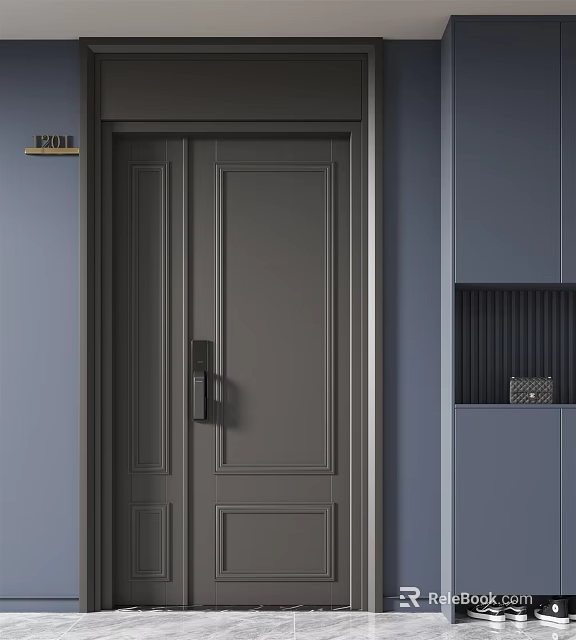 Modern Gray Security Door With Double Panel And Metal Handle Design 3d model