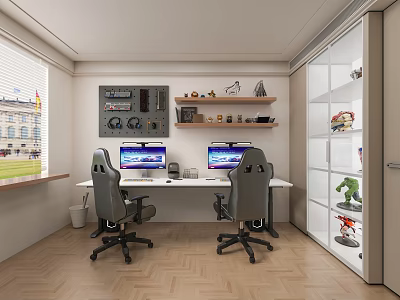 Modern Entertainment Room With Two Desks Computer Monitors Gray Chairs And Decorative Shelf Cabinet 3d model