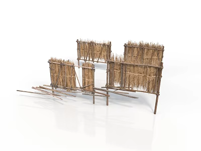 Rustic Outdoor Thatch Fence Structures With Wooden Poles And Natural Weave 3d model
