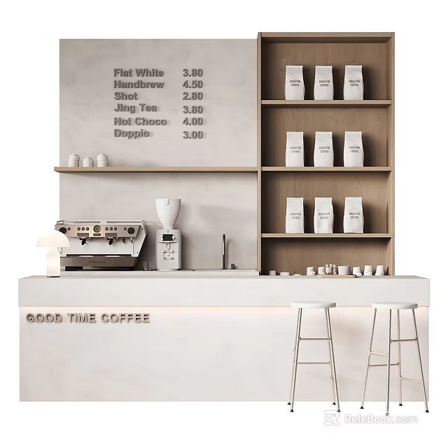 Coffee Shop Front Desk Reception With Counter Coffee Machine Coffee Bags And Menu Board 3d model 