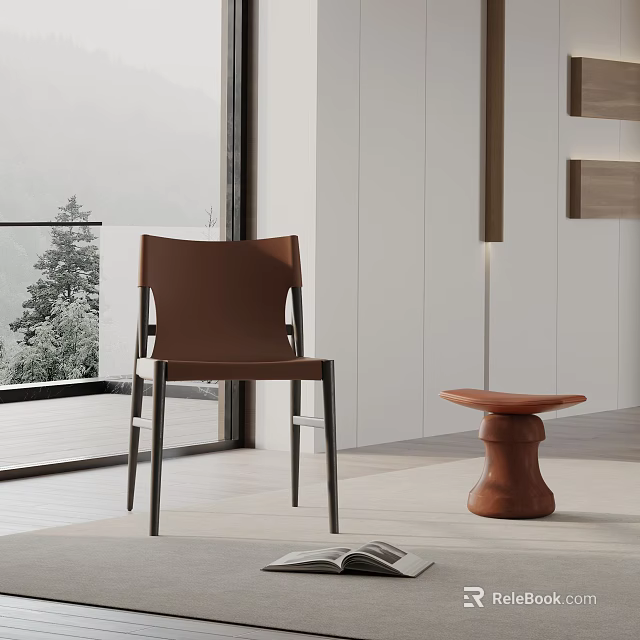 Brown Leather Dining Chair With Black Legs In Modern Interior Near Large Window 3d model 