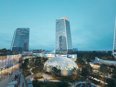 Aerial Planning Of Modern Urban Landscape With High Rise Buildings Green Spaces And Illuminated Dome 3d model