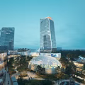 Aerial Planning Of Modern Urban Landscape With High Rise Buildings Green Spaces And Illuminated Dome