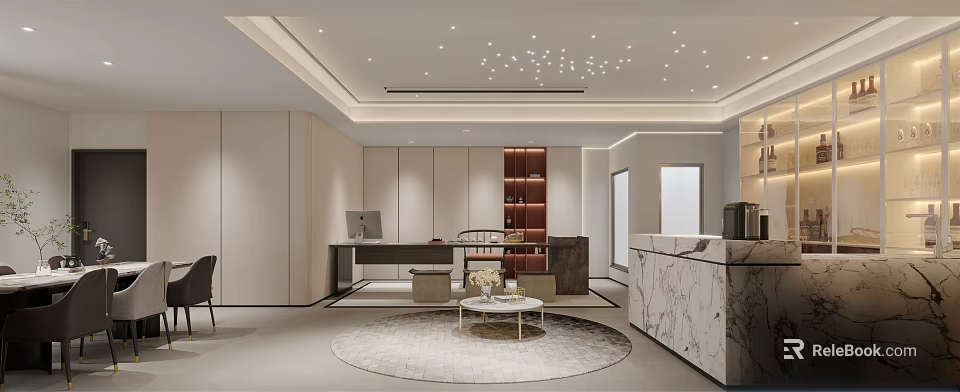 Modern Tea Room Interior With Wooden Table Round Carpet And Ambient Lighting 3d model 