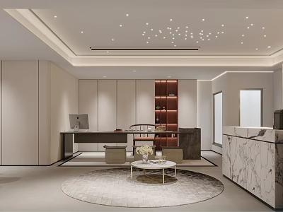 Modern Tea Room Interior With Wooden Table Round Carpet And Ambient Lighting 3d model