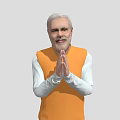 A man wearing orange vest and white outfit with hands pressed together against gray background