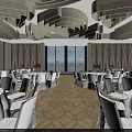 Elegant Ballroom Interior With White Tables Chairs Large Chandeliers And Patterned Floor