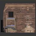 Wooden Cabin Interior With Bunk Bed Blue Cloth Barrel Table And Stools