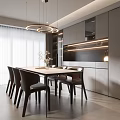 Modern Restaurant Interior With Long Dining Table Comfortable Chairs Hanging Pendant Lights And Sleek Cabinets