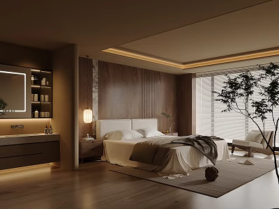 Elegant Bedroom With Wooden Wall Bedside Lamp Large Bed White Sheets And Green Plant 3d model