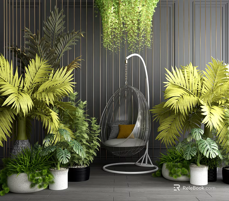 Indoor Potted Plants Design With Hanging Chair And Dark Striped Wall 3d model 