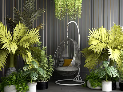 Indoor Potted Plants Design With Hanging Chair And Dark Striped Wall 3d model
