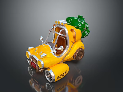 Cute Yellow Cartoon Car With Green Package On Roof And ASTON License Plate 3d model