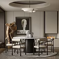 Modern Dining Room Interior With Round Table Chairs Pendant Light Fireplace And Decorative Painting