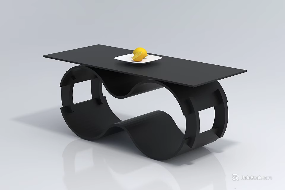 Black Modern Coffee Table With Curved Frame And Tabletop Plate Fruit 3d model 