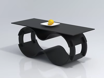 Black Modern Coffee Table With Curved Frame And Tabletop Plate Fruit 3d model