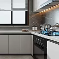Modern Kitchen Interior With White Cabinets Gray Countertops And Window Blinds