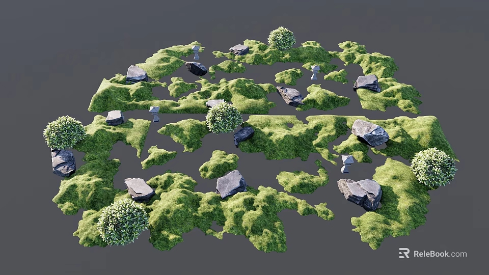 Lush Garden Landscape Featuring Green Lawns Diverse Shrubs and Scattered Rocks 3d model 