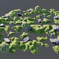 Lush Garden Landscape Featuring Green Lawns Diverse Shrubs and Scattered Rocks