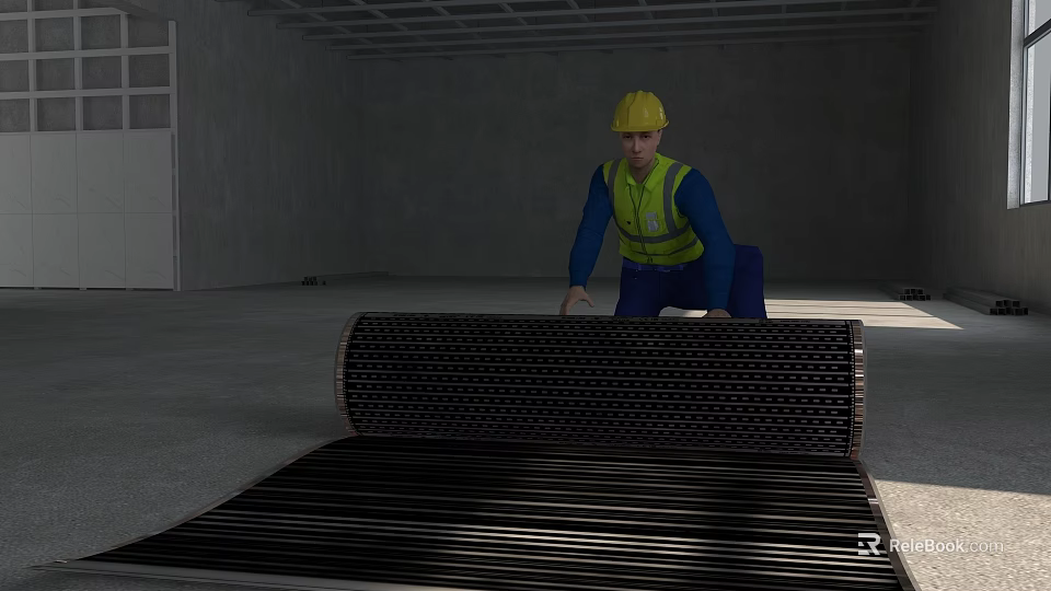 Indoor Construction Site Worker in Hard Hat and Safety Vest Handling Metal Structure 3d model 