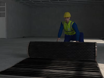 Indoor Construction Site Worker in Hard Hat and Safety Vest Handling Metal Structure 3d model