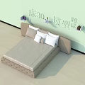 Double Bed 3D Model Featuring Beige Upholstered Headboard Light Green Wall And Bedside Sconces 3d model