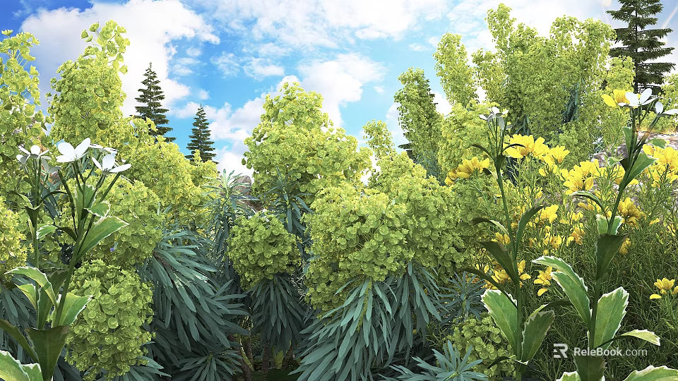 Lush Green Flowers and Plants with Yellow Blooms Pine Trees Blue Sky and White Clouds 3d model 
