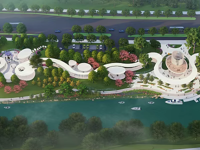 Scenic Waterfront Landscape With Curved Walkways Lush Greenery And Boating Area 3d model