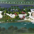 Scenic Waterfront Landscape With Curved Walkways Lush Greenery And Boating Area