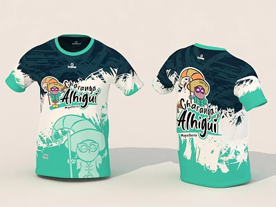 Champion Alhagi T shirt Design Featuring Cartoon Graphics Teal And White Colors 3d model