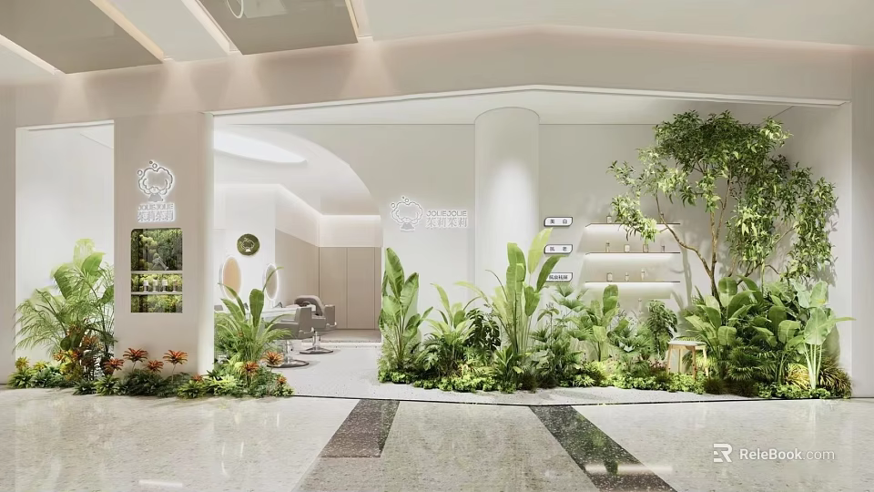 Modern Beauty Hair Salon With White Decor Open Space Green Plants And Comfortable Interior 3d model 